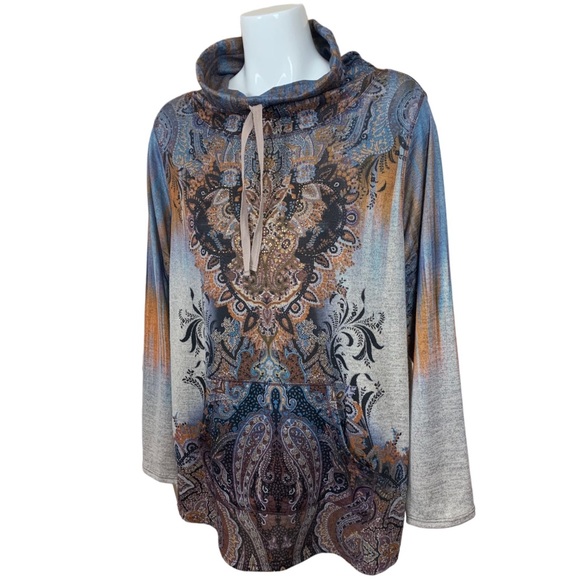 World Unity Embellished Graphic Drawstring Cowl Neck Top Size 2X - Picture 3 of 10